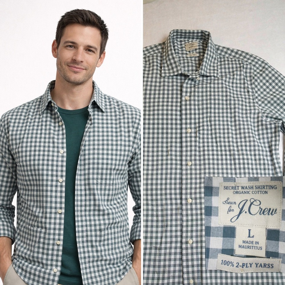 J Crew‎ Organic Cotton Green Button Up Shirt Mens Large Gingham Layering Preppy